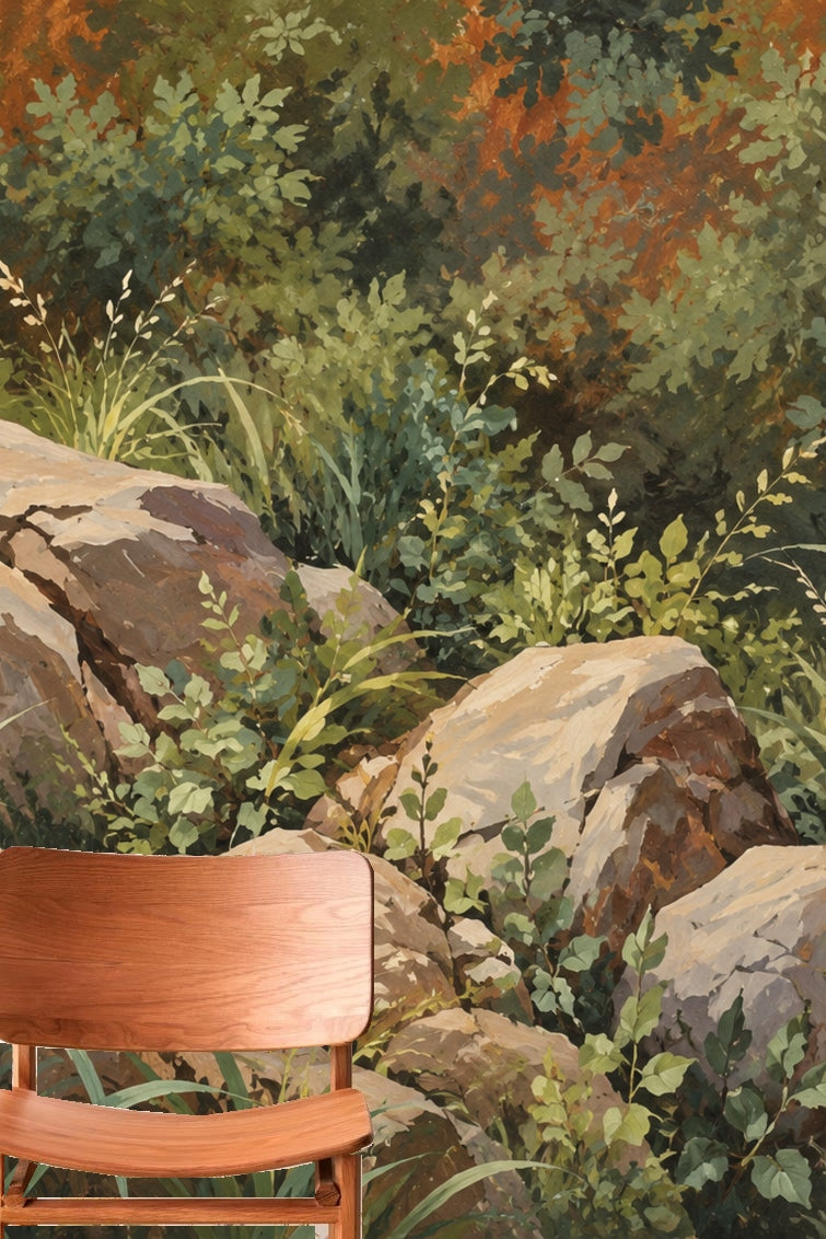 Artistic interpretation of a wild garden with rocks and plantlife on wallpaper