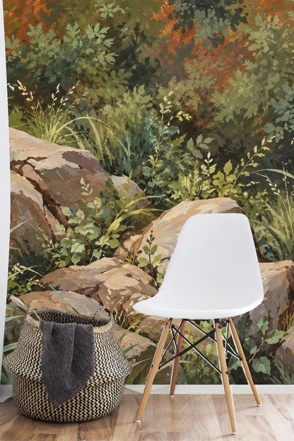Wallpaper section with organically scattered leaves and stone shapes in brown and green hues