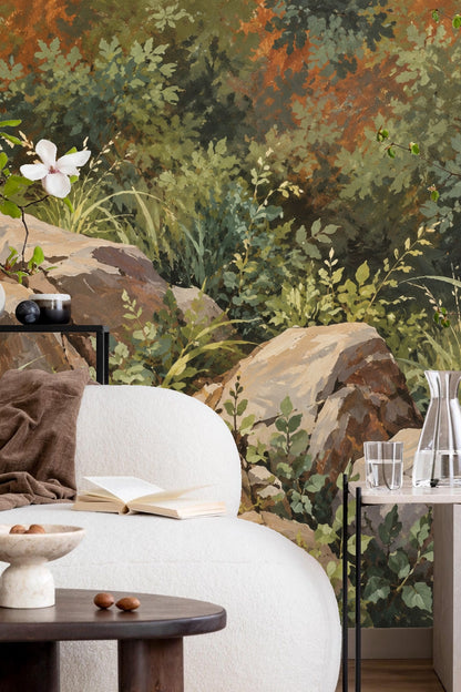 View of layered grasses and stones in wall mural with naturalistic color palette