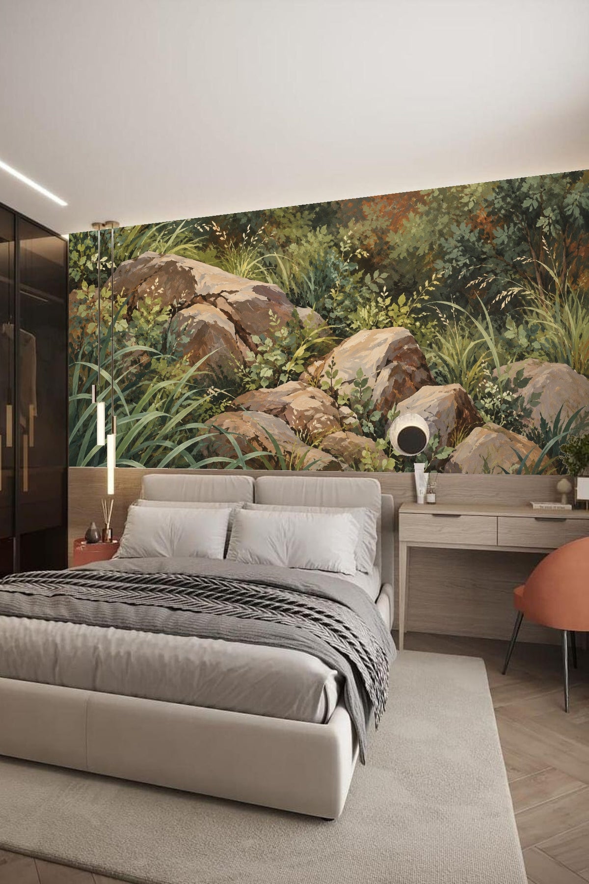 Painterly wallpaper artwork of rocks with leafy greenery background
