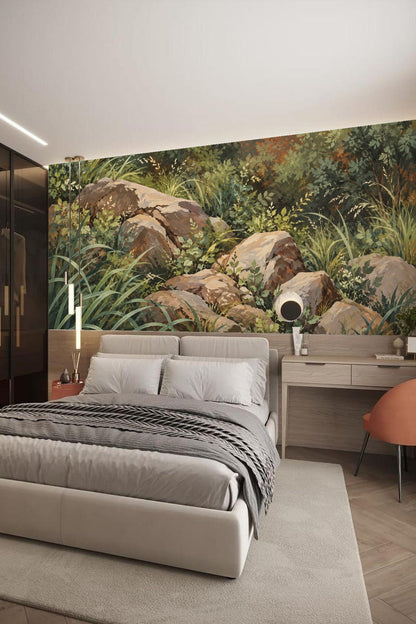 Painterly wallpaper artwork of rocks with leafy greenery background