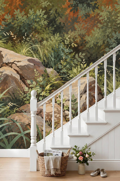 Close-up of rocks and leafy plants in wallpaper design showing fine painterly brushwork