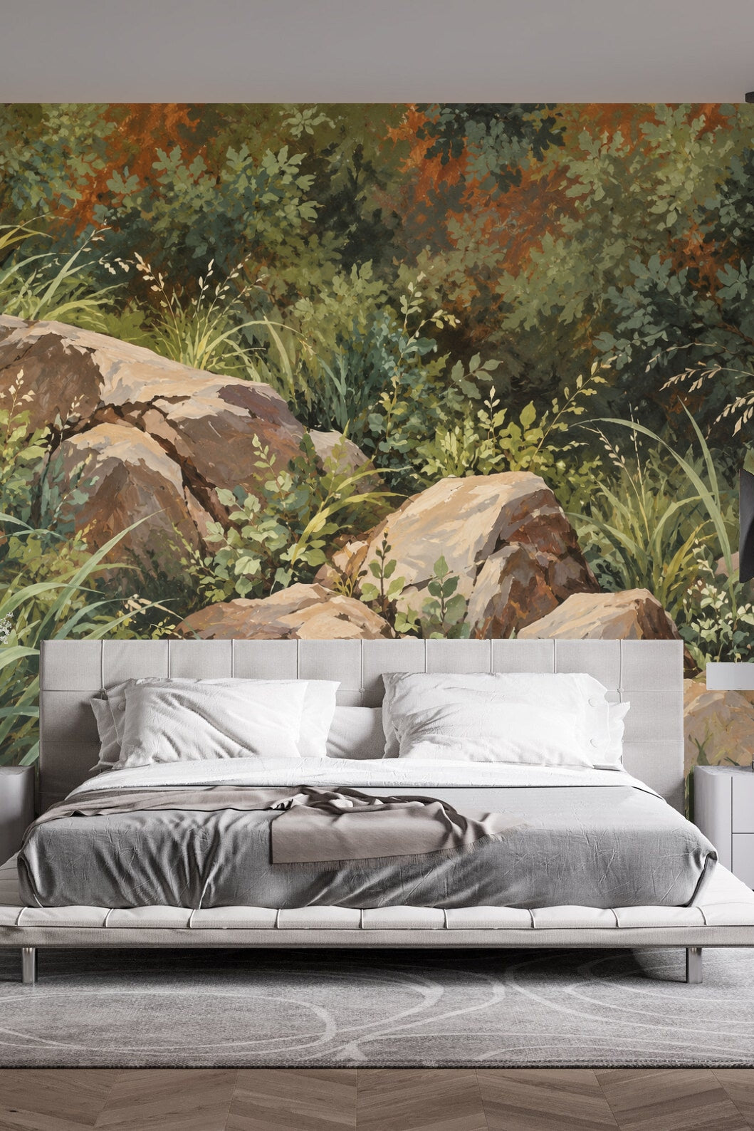 Soft, muted green leaves and blades of grass rendered in painterly style