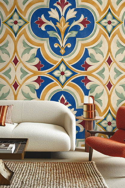 Elegant ornamental wallpaper with intertwined arches and fleur-de-lis motifs in vivid colors