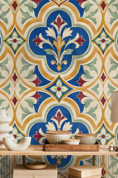 View showing matching wallpaper panels aligned seamlessly on a room wall