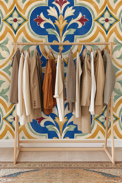 Side angle of bedroom with floral trellis wallpaper highlighting the pattern scale and composition