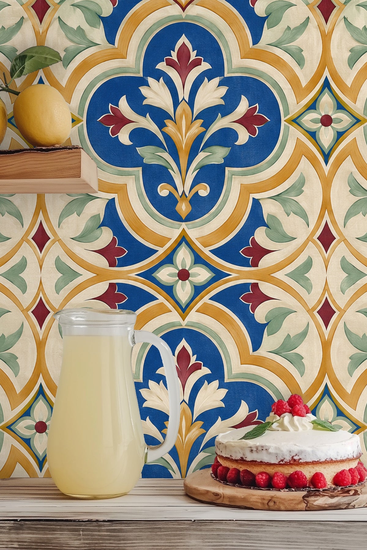 Living room ambience with natural light illuminating the patterned wallpaper