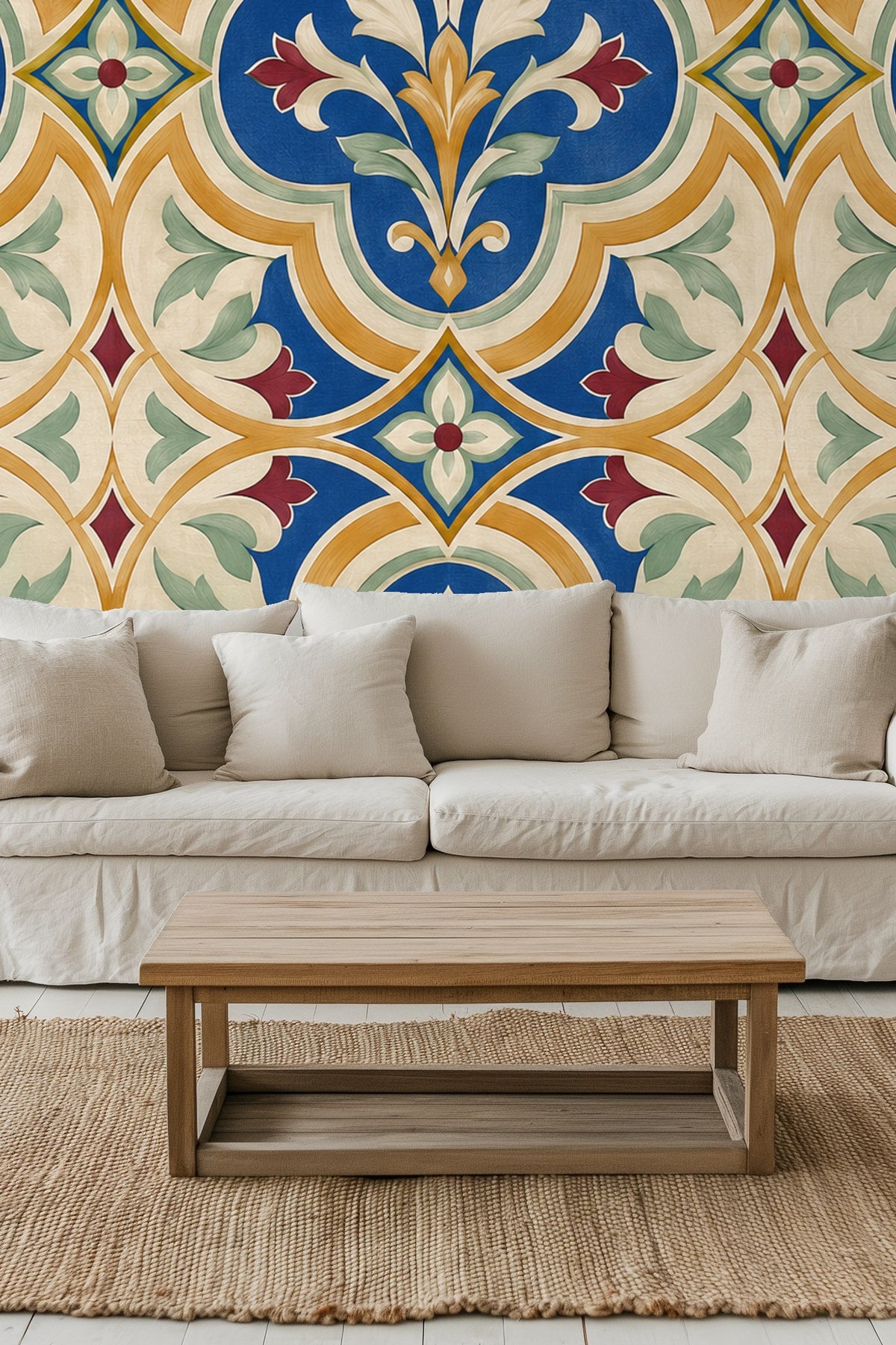 Green upholstered headboard against the floral trellis wallpaper in a bedroom setting