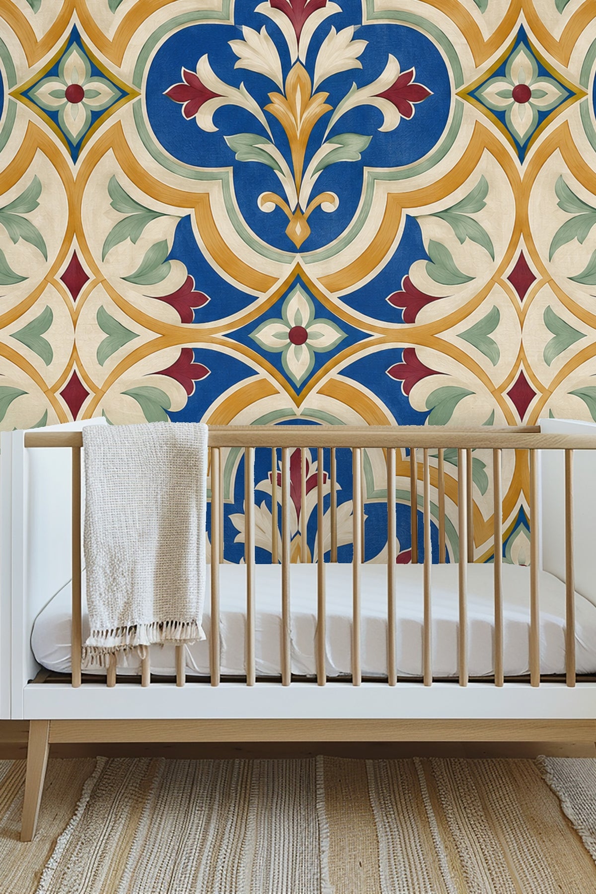 Wallpaper detail showing brushstroke texture in leaf patterns and strong color contrasts
