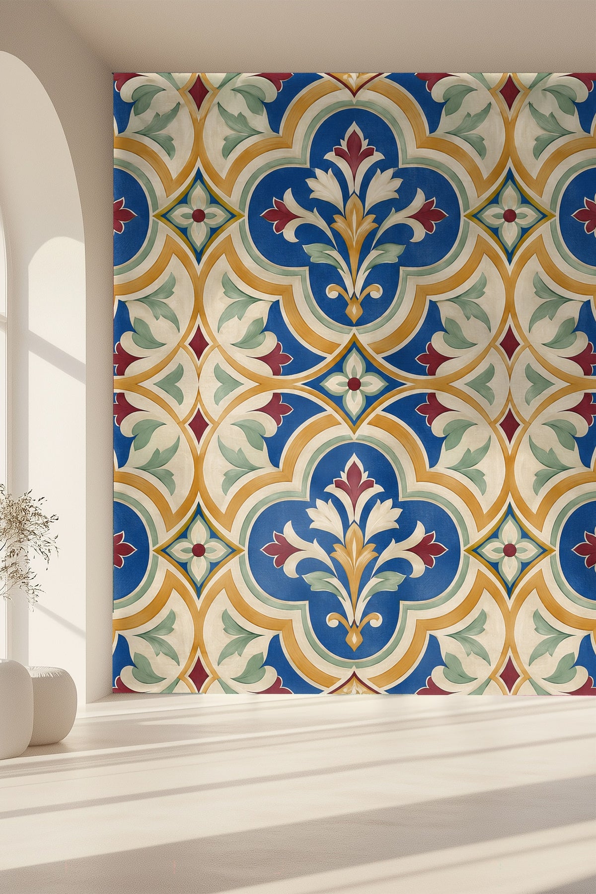 Illustration of large ornamental scalloped shapes framing floral elements in the wallpaper