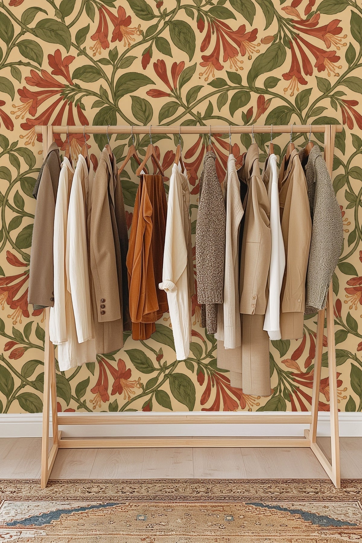 Pattern repeat showing interwoven vines and clustered flowers in terracotta and green on beige