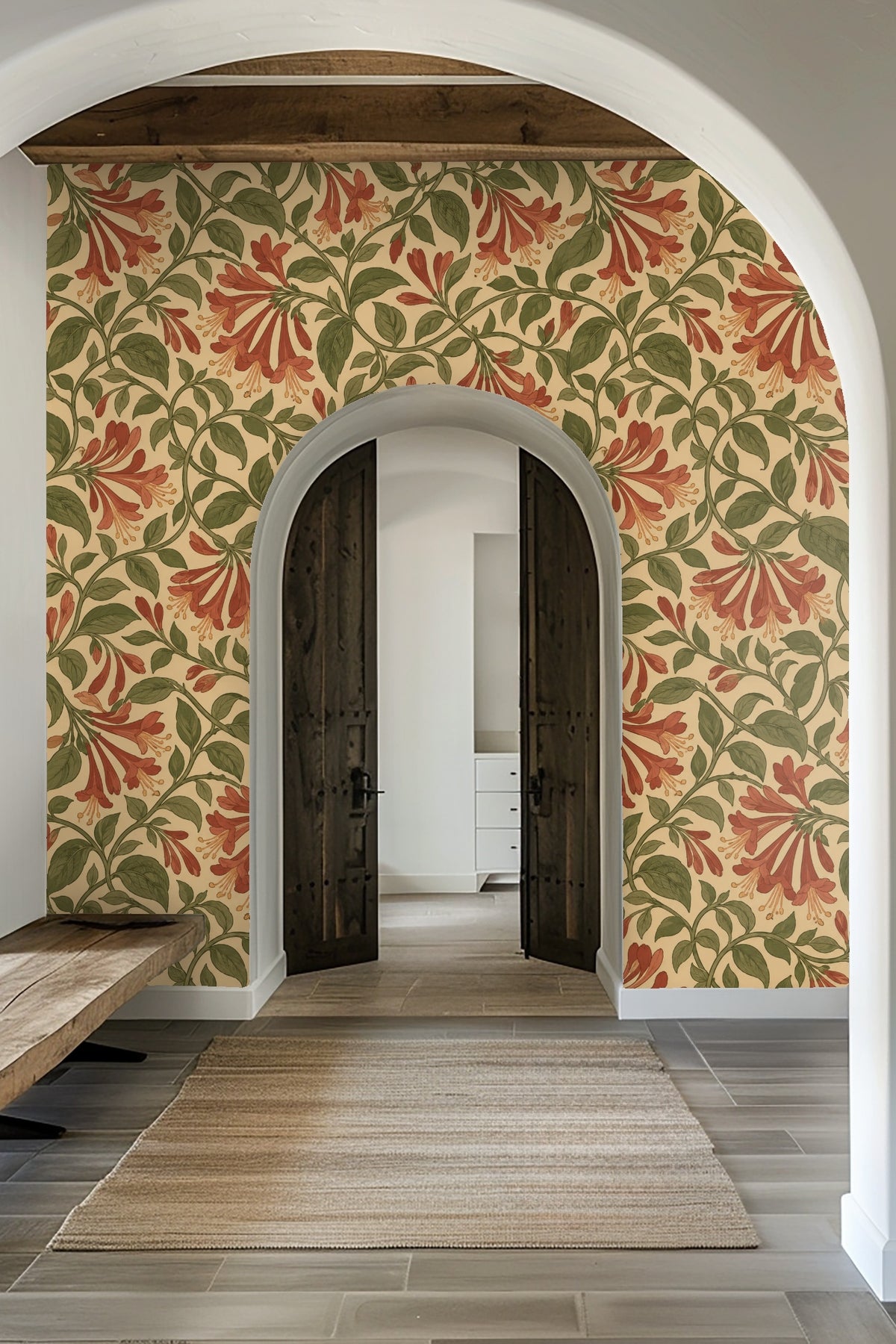 Muted earthy color palette mixing warm clay reds with leafy greens and cream base