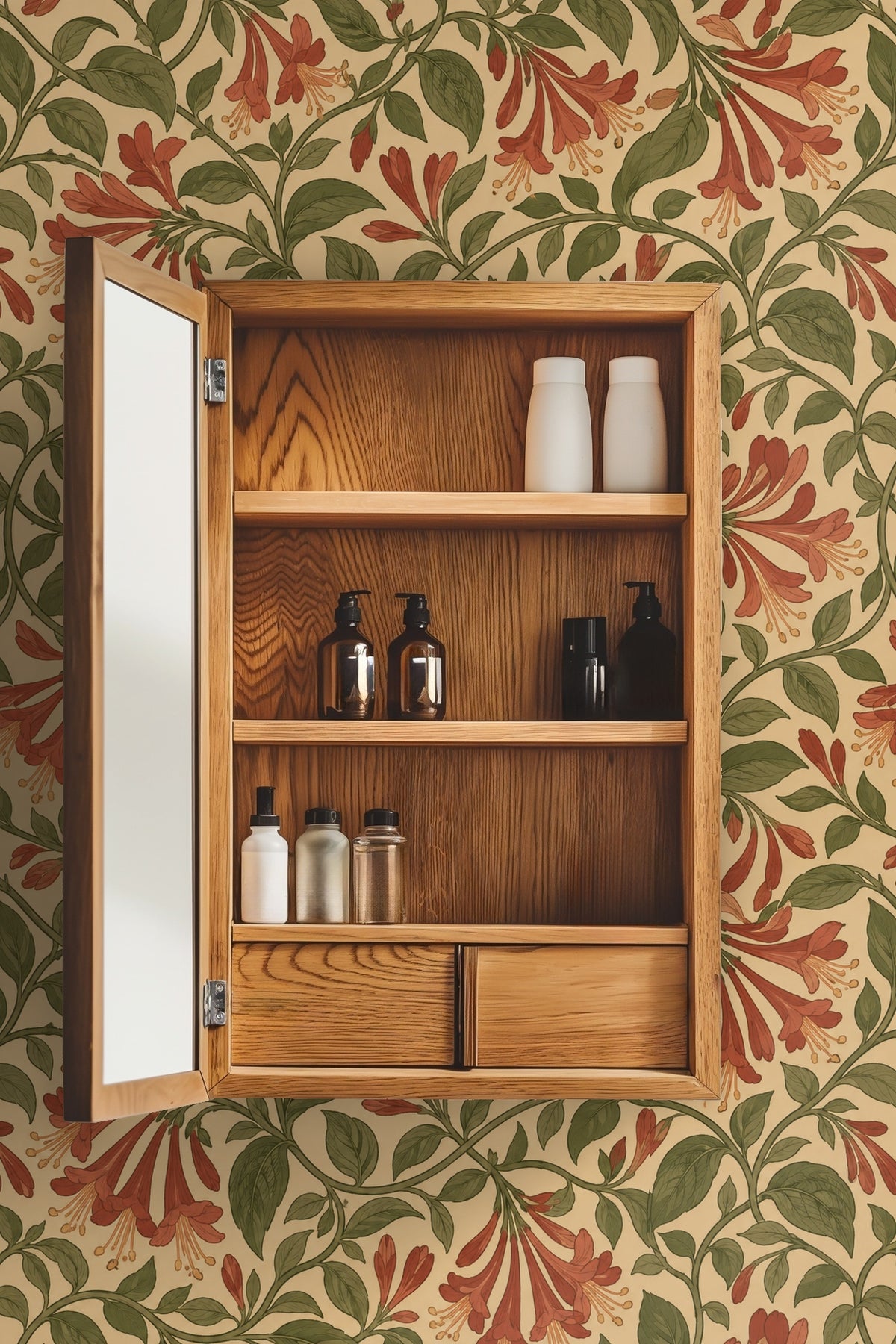 Medicine cabinet door opened revealing bathroom products against Honeysuckle Vine Tangle wallpaper