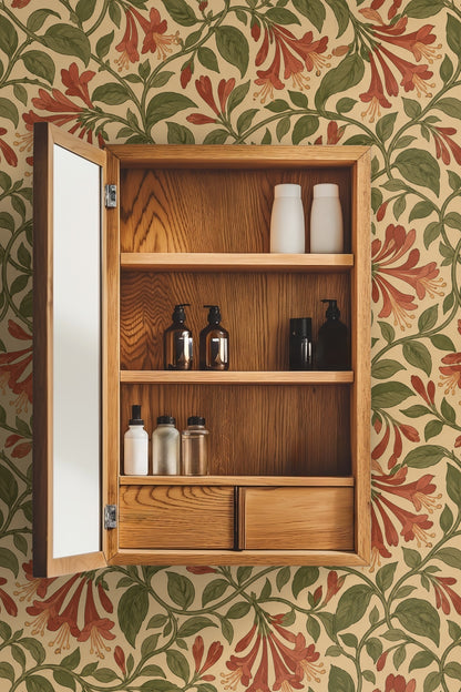 Medicine cabinet door opened revealing bathroom products against Honeysuckle Vine Tangle wallpaper
