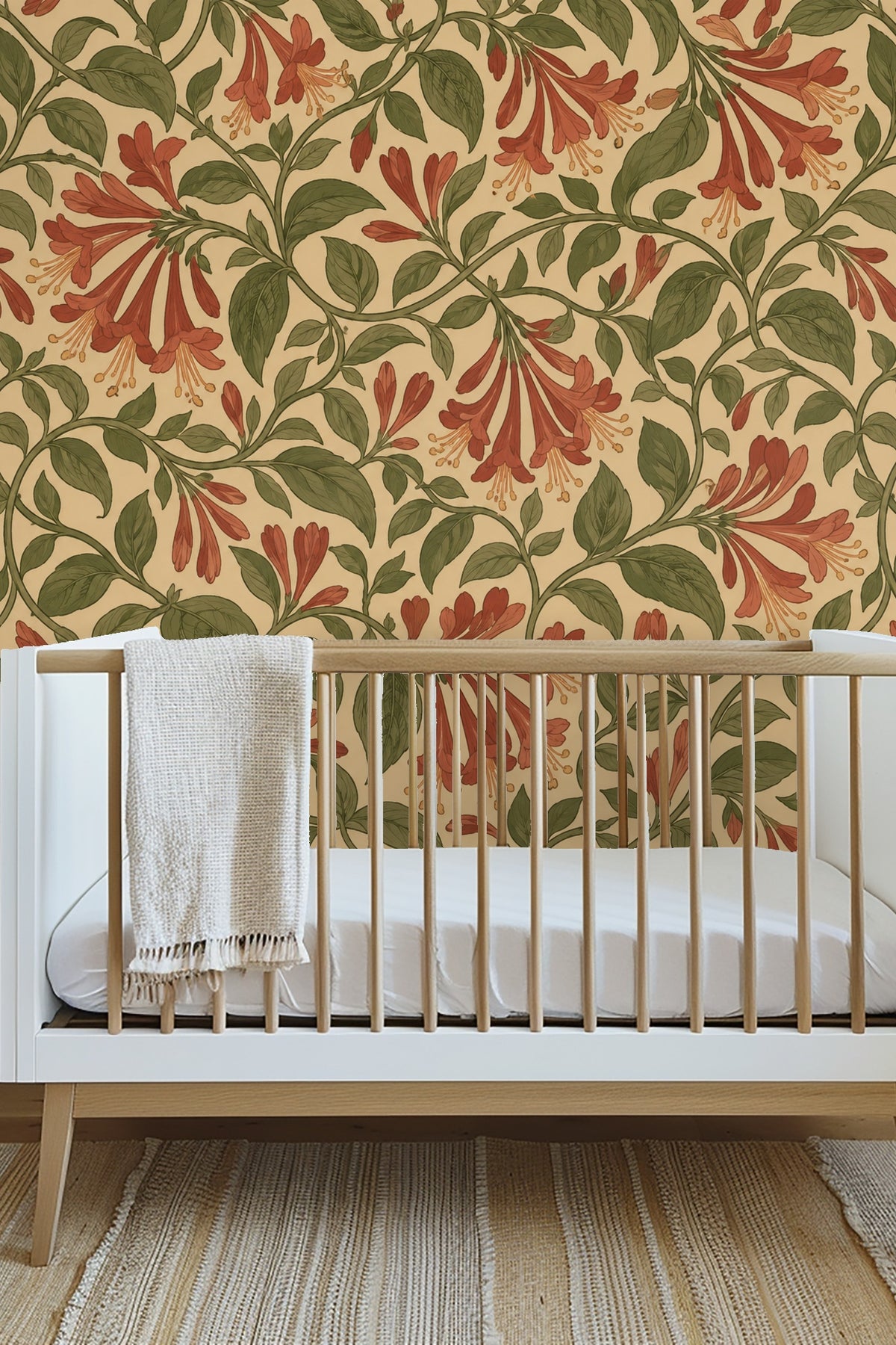 Decorative vine stems curling downward with detailed leaves and floral buds in muted palette