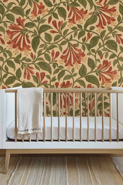 Decorative vine stems curling downward with detailed leaves and floral buds in muted palette