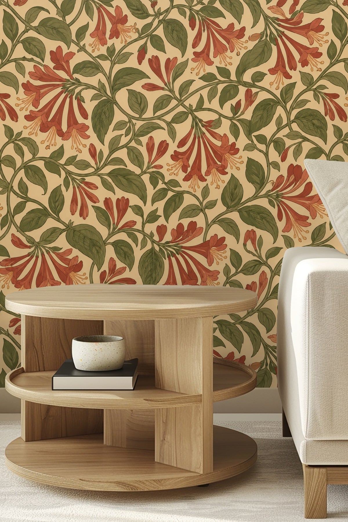 Honeysuckle Vine Tangle original wallpaper artwork with terracotta flowers and olive leaves on beige background
