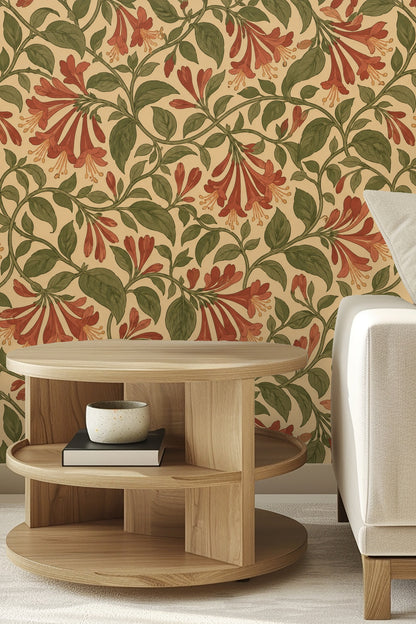 Honeysuckle Vine Tangle original wallpaper artwork with terracotta flowers and olive leaves on beige background