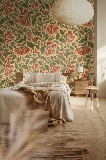 Soft neutral bedroom with Honeysuckle Vine Tangle wallpaper behind bed and natural wood furniture