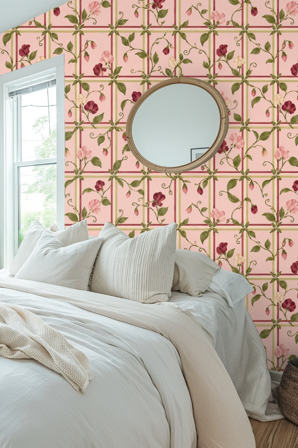 Pink and green sweet pea flower buds on blush trellis wallpaper