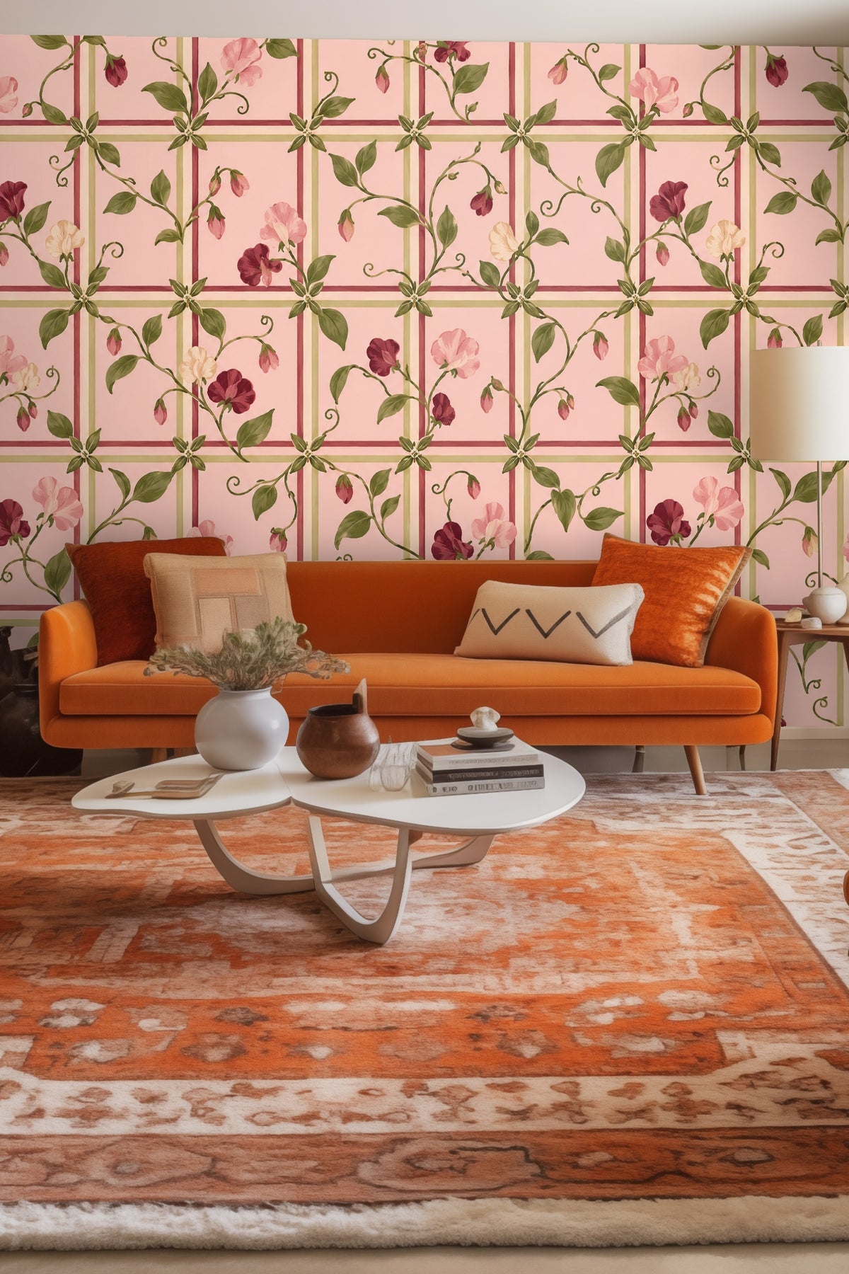 Sweet pea floral lattice wallpaper detail with pink and green tones