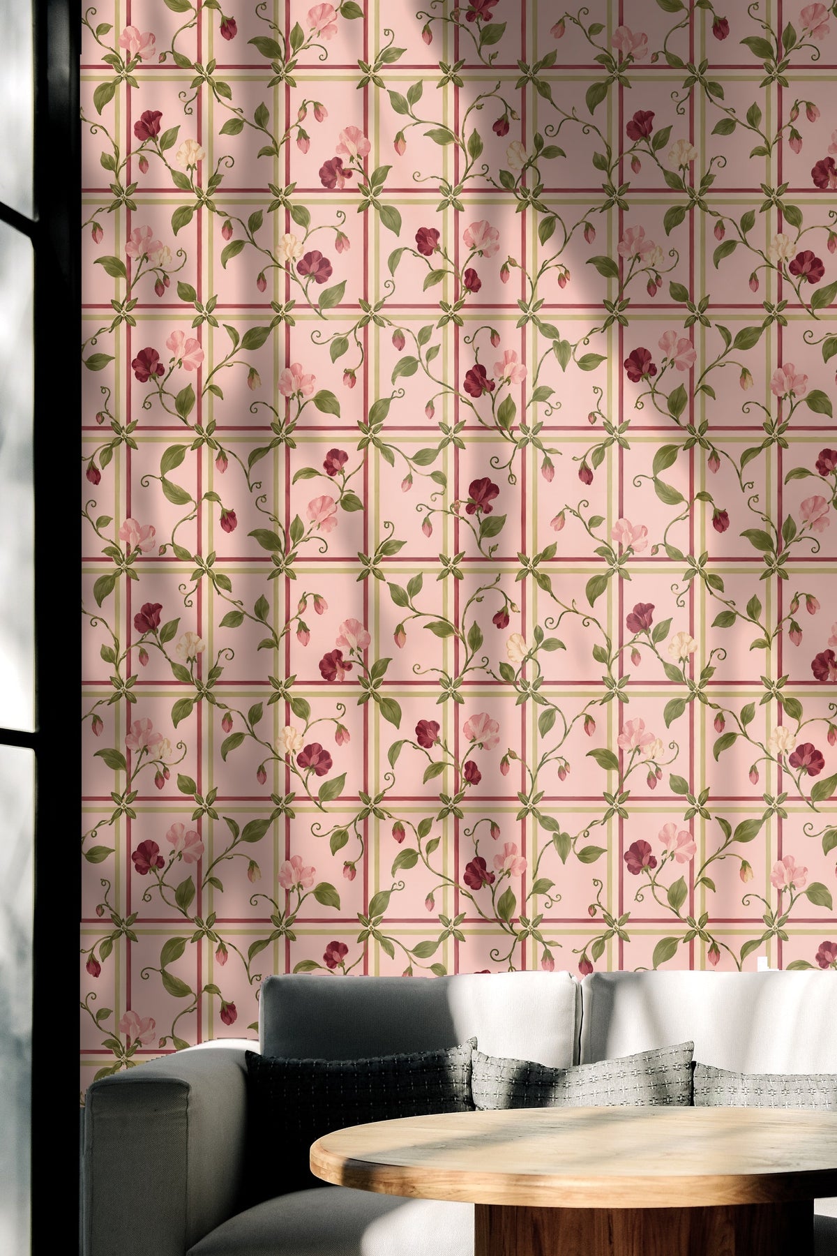 Room view with floral lattice wallpaper and modern white coffee table