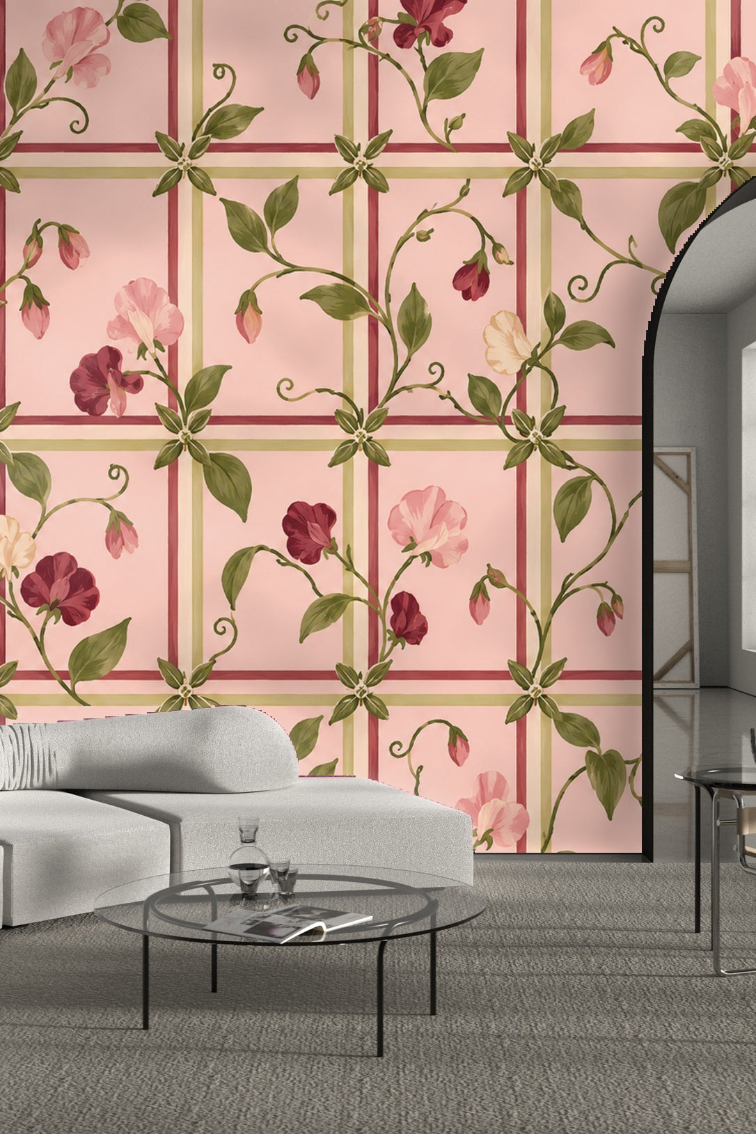 Detail of curling sweet pea tendrils and buds on pink lattice wallpaper
