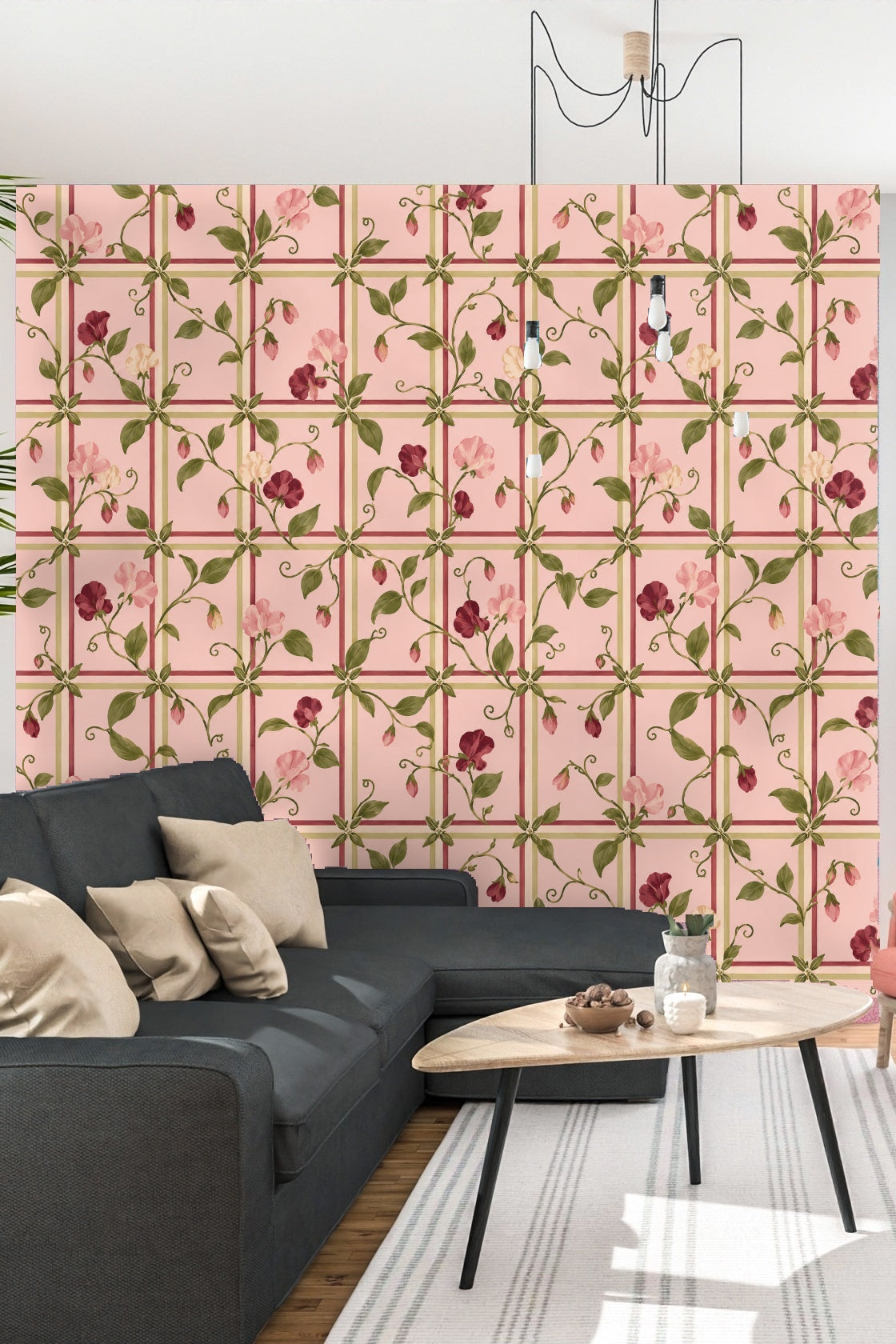 Close-up of pink sweet pea flower and green leaves on lattice background