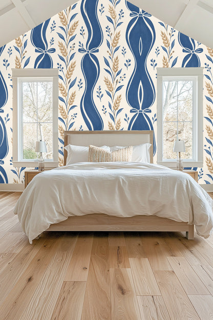 Original artwork showing hand-painted indigo ribbon stripes intertwined with golden wheat stalk motifs on white background