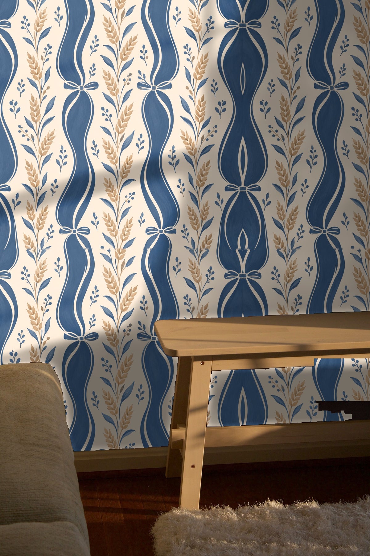 Blue Ribbon Wheat wallpaper shown in an interior setting