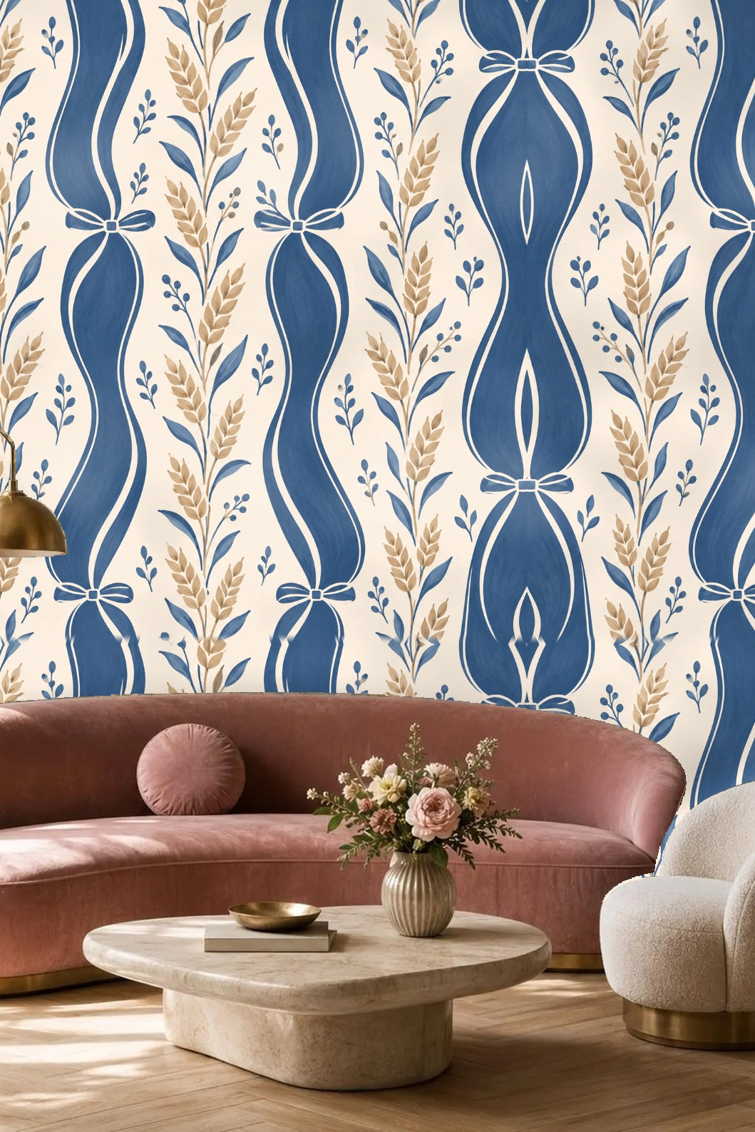 Bathroom detail with blue ribbon wheat wallpaper behind a gold towel ring and white towel