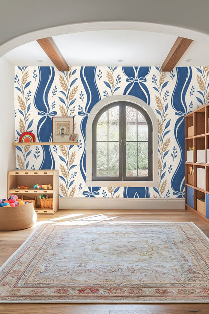 Blue Ribbon Wheat wallpaper shown in an interior setting