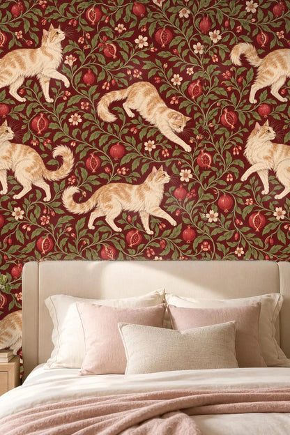 Close-up of a sitting ginger cat looking to the right on the wallpaper