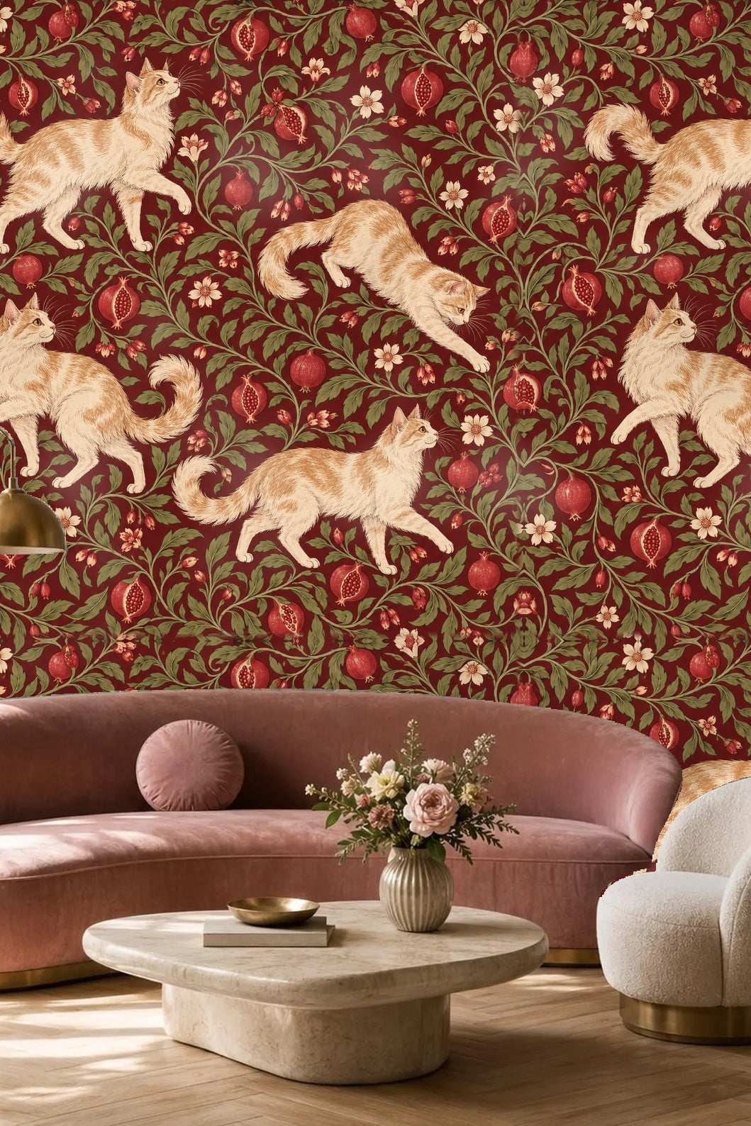 Close-up view of original wallpaper artwork showing creamy ginger cats and red pomegranates on a deep crimson background