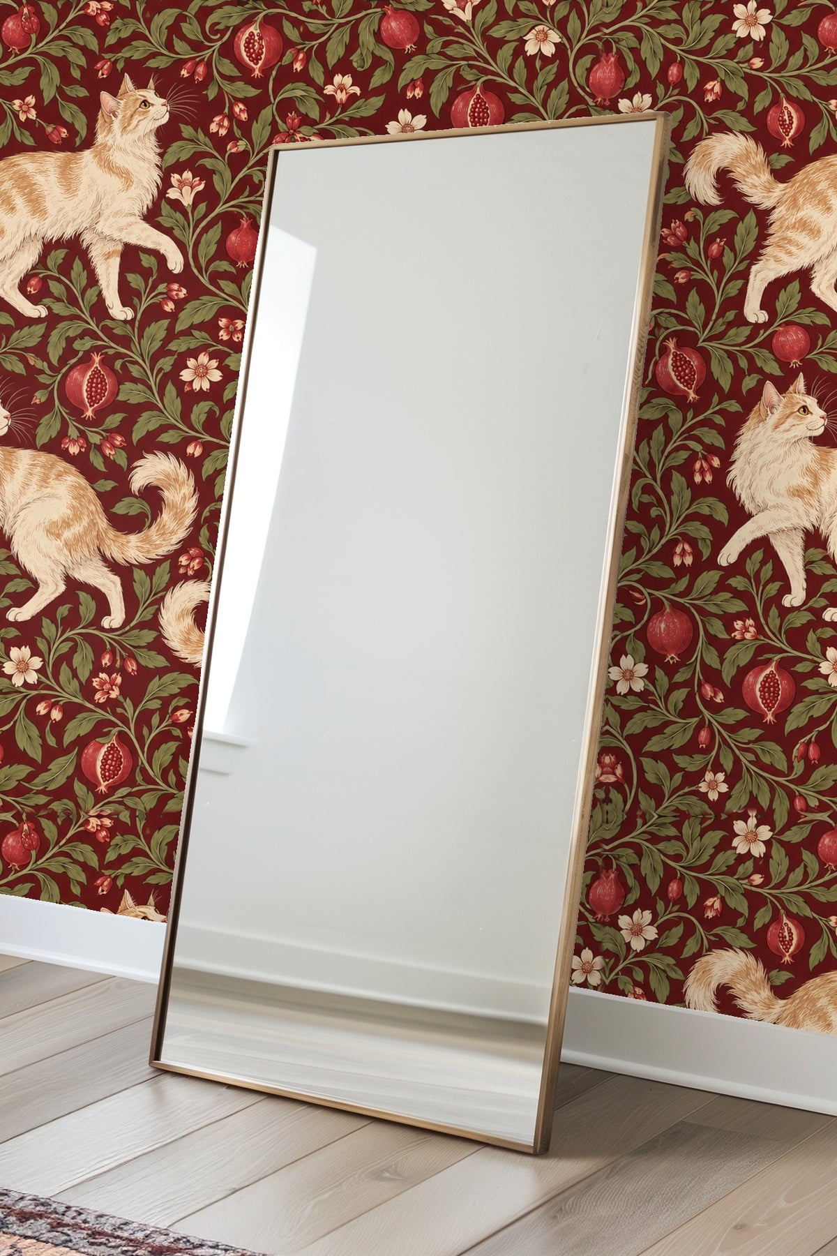Detail of a cat mid-pounce among pomegranate fruits and flowers on the wallpaper