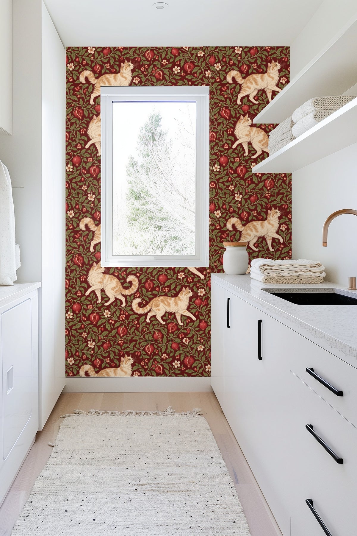 Wallpaper pattern showing a standing ginger cat and surrounding botanical elements