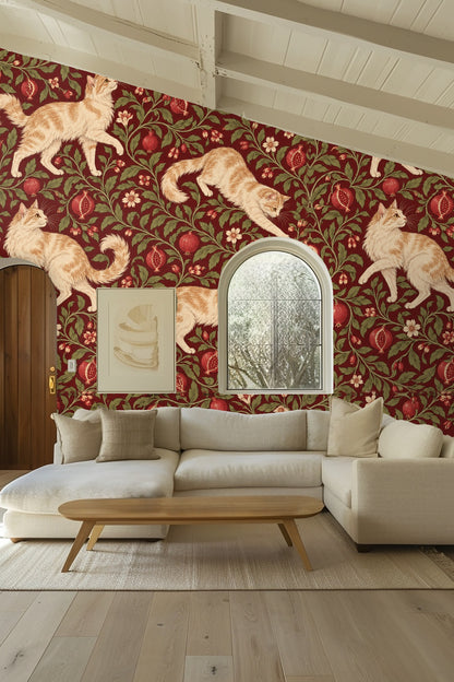 Botanical foliage and flowers with detailed shading on wallpaper
