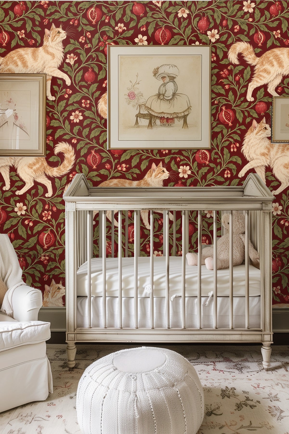 Bedroom wall decorated with wallpaper depicting playful ginger cats and pomegranate vines in front of a green bedframe