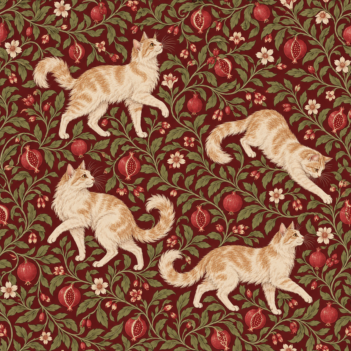 Pattern repeat showing cats walking on intertwining stems