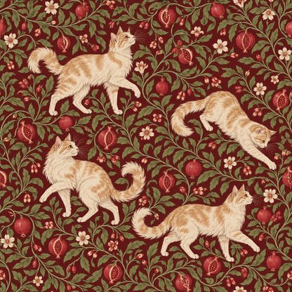 Pattern repeat showing cats walking on intertwining stems