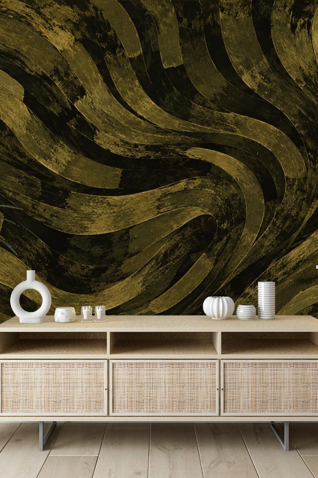 Abstract wallpaper with broad curved bronzed olive brushstrokes on black background