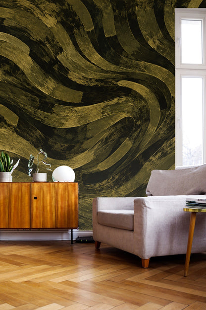 Gold-tinged olive brushstroke pattern with high contrast