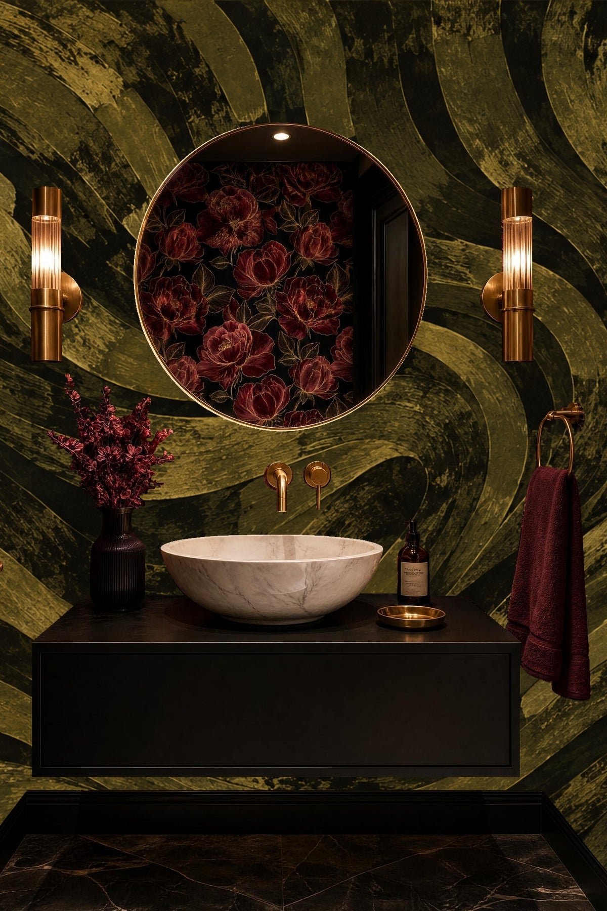 Lounge area with bold bronze and black wave mural