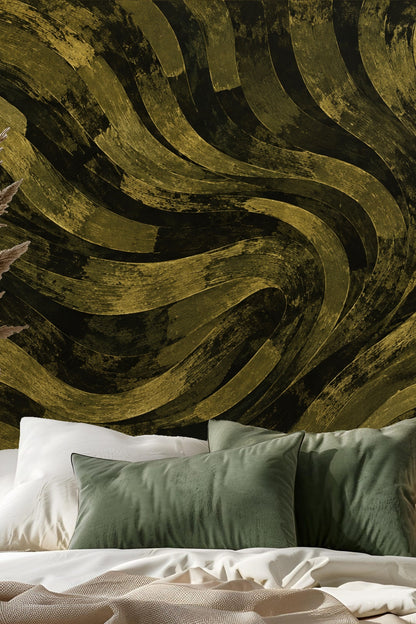 Detail of twisting wide bronze and olive stripes in midcentury style