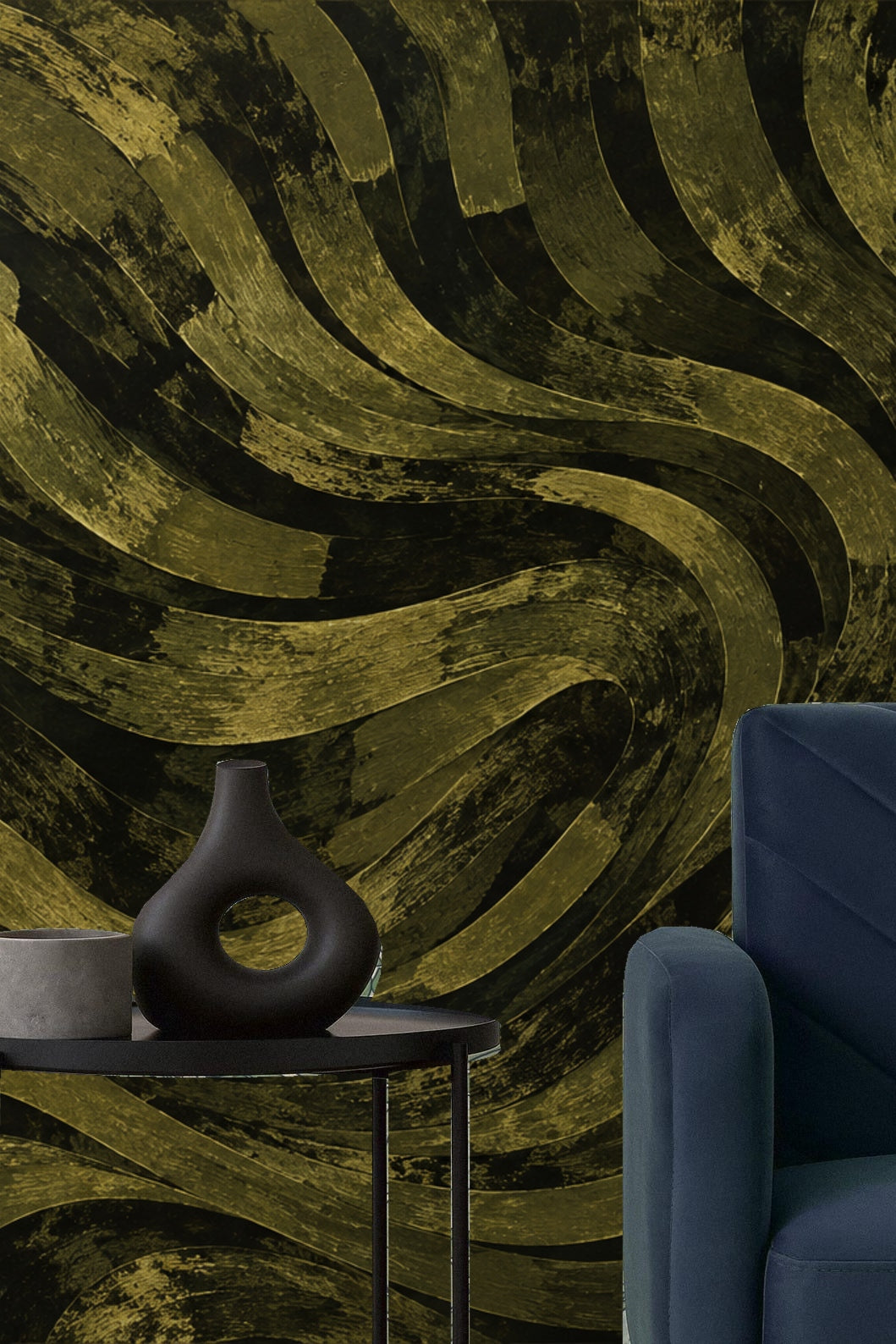 Wallpaper in living room setting behind rattan cabinet with white ceramics