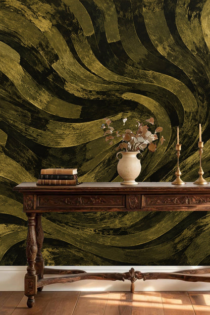 Wallcovering behind bed with olive and white pillows showing scale and mood