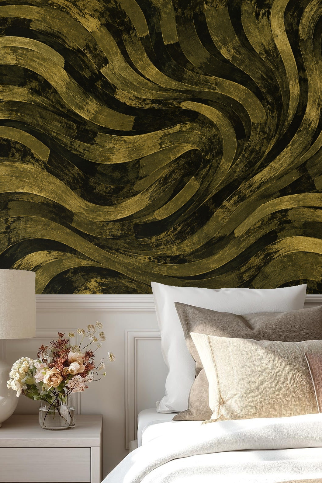 Brushed bands in dark olive tones creating curling abstract pattern