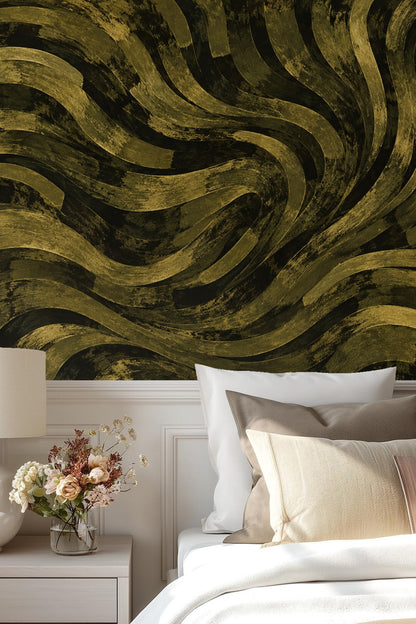Brushed bands in dark olive tones creating curling abstract pattern