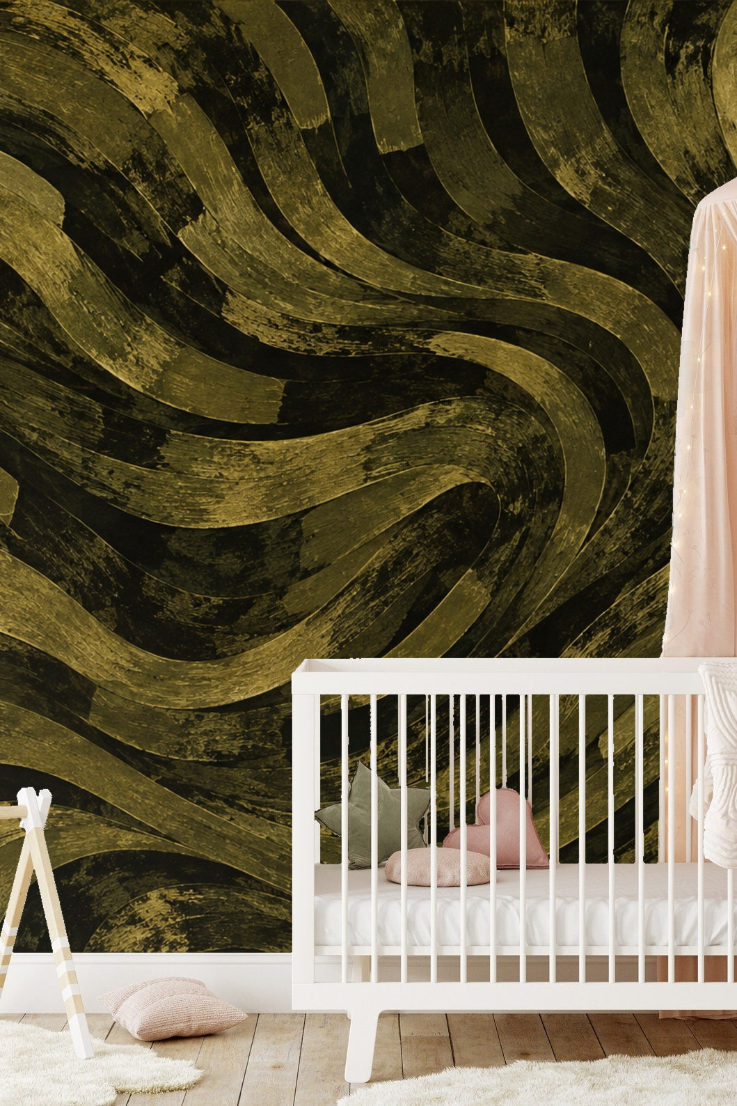 Room with abstract bronze wavy wallpaper and minimalist decor