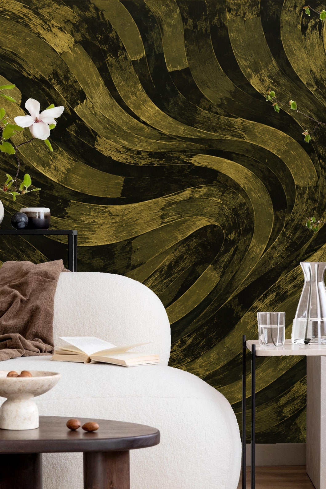 Dark wallpaper with shimmering bronze dragged brush markings